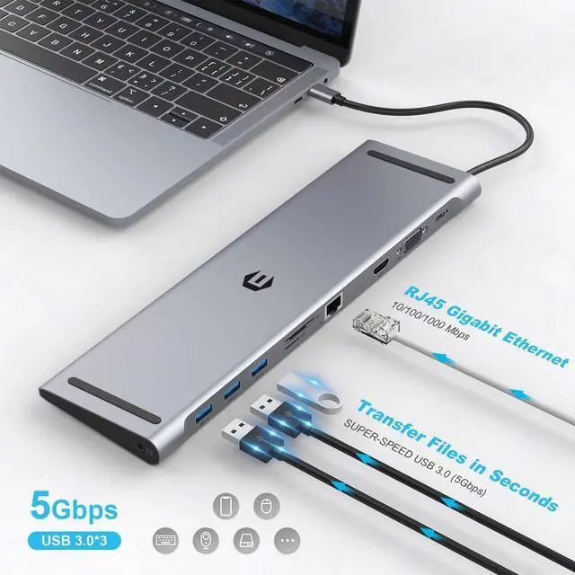 Alt view image 4 of 5 - Docking Station,10 in 1 Docking Station Dual Monitor with 4k HDMI, Vga, 3xusb 3.0, Pd 100w, Ethernet, SD/TF Slots, Audio/Mic, USB Adapter for Laptop