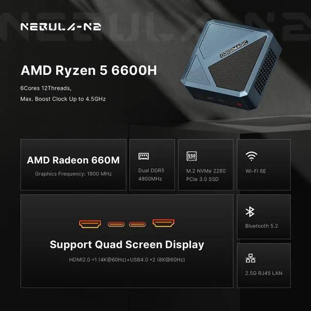 Alt view image 2 of 5 - origimagic N2 Mini PC - Gaming & Office Performance with AMD Ryzen 5 6600H (6C/12T, 4.5GHz), 32GB DDR5 RAM, 512GB NVMe SSD, Dual USB4, Quad Display, WiFi 6E, BT5.2, 8K UHD - Mini PC
