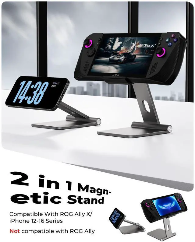 Alt view image 2 of 5 - Antank Foldable Magnetic Stand for ROG Ally X, Aluminum Alloy Adjustable Angle Height iPhone Stand for Desk, Portable Desktop Holder Compatible with Rog Ally X, iPhone 16/15/14/13/12/Magnetic Case