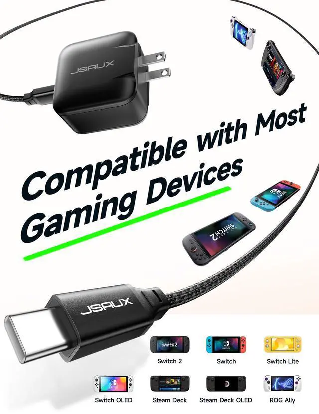 Alt view image 5 of 5 - JSAUX 65W USB C Charger for Nintendo Switch 2, ROG Ally, Steam Deck, Tablets, Laptops, Samsung Galaxy, Pixel, 65 Watt PD Wall Fast Charger with 6.6FT USB C to C Cable, EU & UK Plug