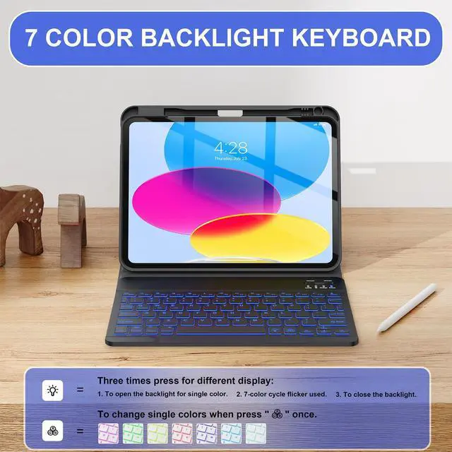 Alt view image 4 of 5 - Soke for iPad (A16) 11th/10th Generation Case with Keyboard(2025/2022)-7 Color Backlight Wireless Detachable Folio Keyboard Cover with Built-in Pencil Holder for iPad 11/10.9 inch, Ebony