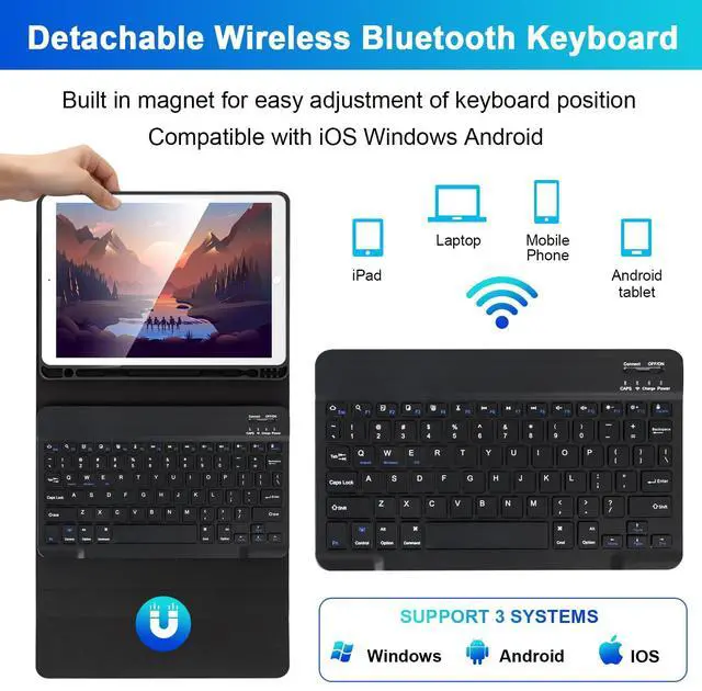 Alt view image 3 of 5 - SOPPY Bluetooth Keyboard Case for iPad 9th Gen 2021, 8th Gen 2020, 7th Gen 2019 10.2", Air 3 & Pro 10.5", Detachable Wireless Keyboard with Backlight, Slim Protective Cover, Rechargeable, Black