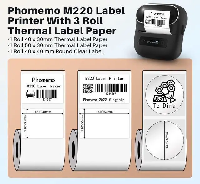 Alt view image 4 of 5 - Phomemo M220 Label Maker, 241bt Bluetooth Shipping Label Printer, Compatible with Android and iOS Phone & Laptop