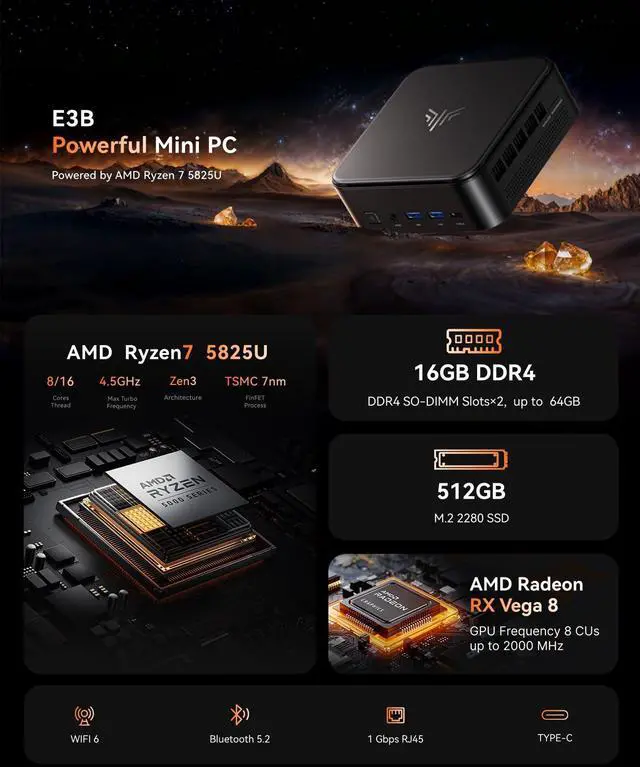Alt view image 2 of 5 - KAMRUI Mini PC with AMD Ryzen 7 5825U, 16GB DDR4 512GB M.2 SSD Mini Computer, Mini Gaming PC with USB Type-C, Desktop Computer Supports Triple 4K Display, WiFi 6, BT 5.2