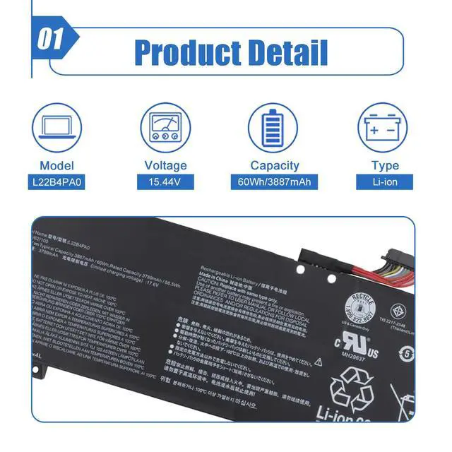 Alt view image 2 of 5 - Dentsing L22B4PA0 15.44V 60Wh Laptop Battery for Lenovo Legion Slim 5 16APH8 16IRH8 Series 5B11K38530 SB11K38532 5B11K38526 SB11K38527 5B11K38529 SB11K38533
