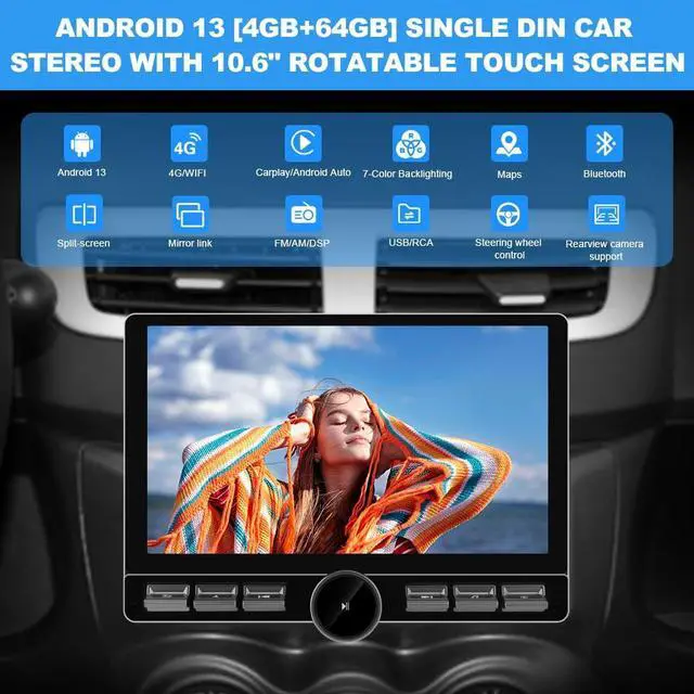 Alt view image 2 of 5 - Pyniro Single Din Car Radio Stereo Universal 8 Core Car Radio Rotatable Touchscreen10.6, Android 13[4GB+64GB] with CarPlay/Android Auto, 4G SIM/WiFi/GPS/Bluetooth/RDS/USB/FMAM/SWC/Backup Camera