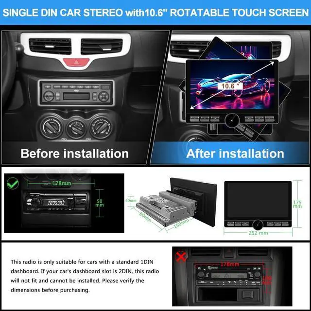 Alt view image 3 of 5 - Pyniro Single Din Car Radio Stereo Universal 8 Core Car Radio Rotatable Touchscreen10.6, Android 13[4GB+64GB] with CarPlay/Android Auto, 4G SIM/WiFi/GPS/Bluetooth/RDS/USB/FMAM/SWC/Backup Camera