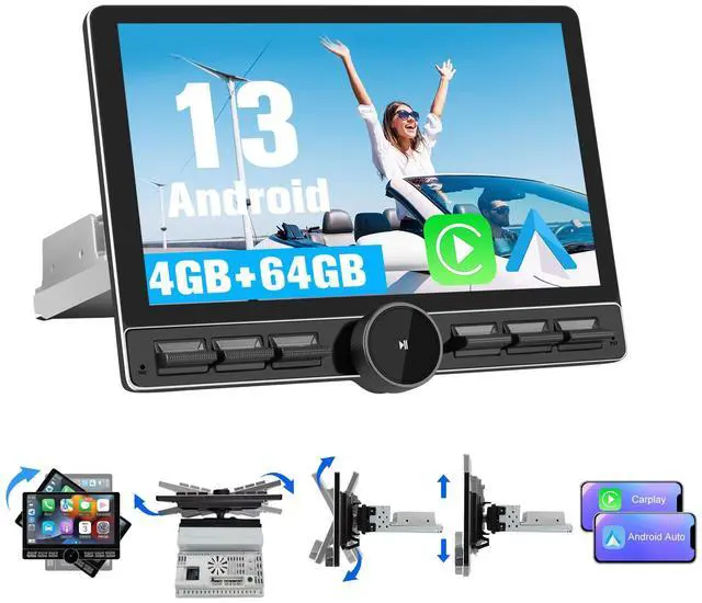 Main image of Pyniro Single Din Car Radio Stereo Universal 8 Core Car Radio Rotatable Touchscreen10.6, Android 13[4GB+64GB] with CarPlay/Android Auto, 4G SIM/WiFi/GPS/Bluetooth/RDS/USB/FMAM/SWC/Backup Camera