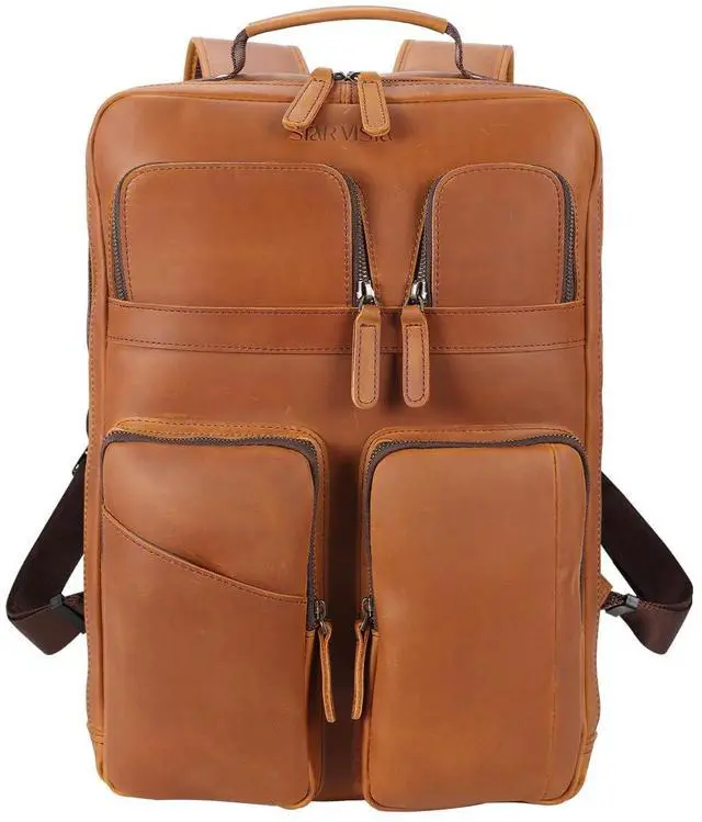 Main image of STAR VISTA Angelo 17.3" Vintage Full Grain Leather Laptop Backpack for Men, Multi Pockets, Casual Outdoor Business Travel Rucksack, YKK Zippers, Light Brown