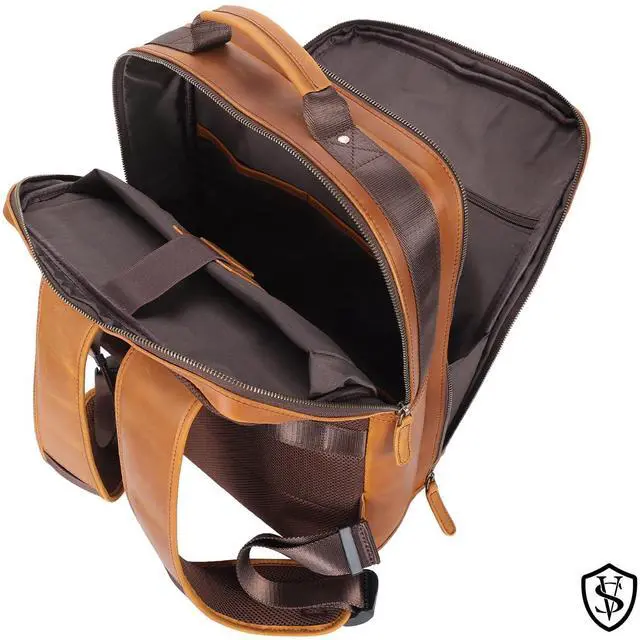 Alt view image 5 of 5 - STAR VISTA Angelo 17.3" Vintage Full Grain Leather Laptop Backpack for Men, Multi Pockets, Casual Outdoor Business Travel Rucksack, YKK Zippers, Light Brown
