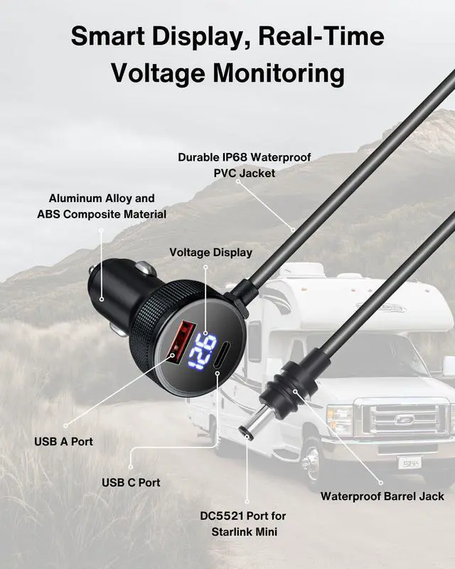 Alt view image 3 of 5 - Car Charger Cable for Starlink Mini 16.5FT/5M with Display - 60W DC + 33W Dual USB-C/USB-A Power Adapter for Trucks, RVs & Boats, 12-24V Aluminum 18AWG Cord with Real-Time Voltage Monitoring