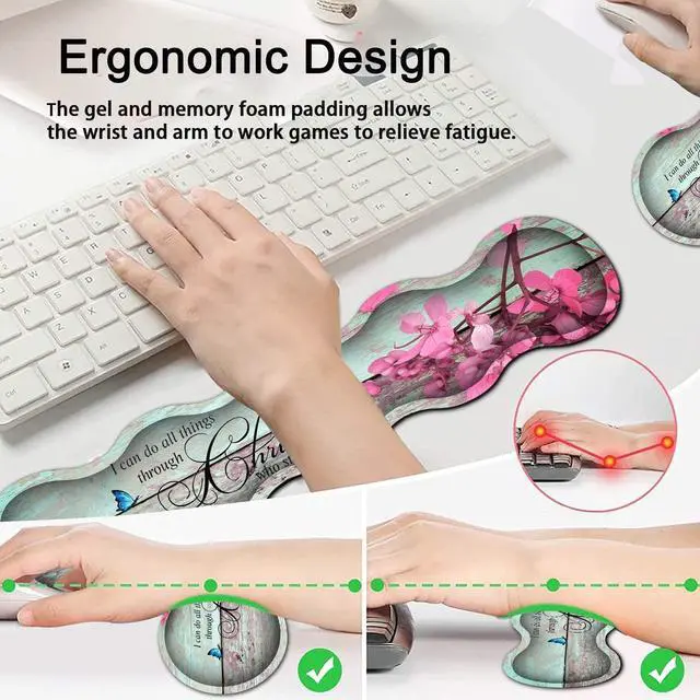 Alt view image 2 of 5 - Ergonomics Keyboard Mouse Pad Set, Memory Foam Keyboard Wrist Rest Support,XXL Extended Big Wireless Gaming Mouse Mat 31.5x11.8 in Desk Pad, Philippians 4:13 & Red Flowers Large Mouse Pad