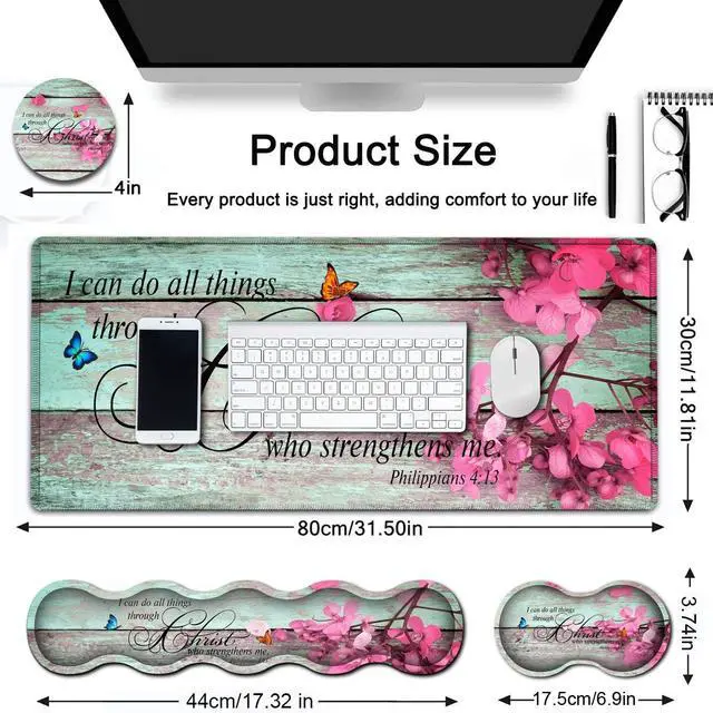 Alt view image 5 of 5 - Ergonomics Keyboard Mouse Pad Set, Memory Foam Keyboard Wrist Rest Support,XXL Extended Big Wireless Gaming Mouse Mat 31.5x11.8 in Desk Pad, Philippians 4:13 & Red Flowers Large Mouse Pad