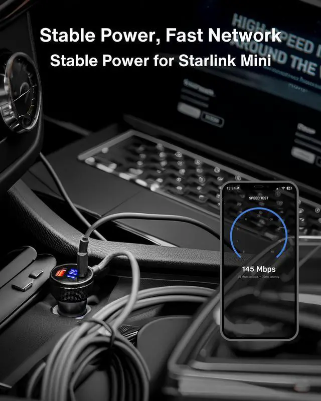 Alt view image 4 of 5 - Car Charger Cable for Starlink Mini 16.5FT/5M with Display - 60W DC + 33W Dual USB-C/USB-A Power Adapter for Trucks, RVs & Boats, 12-24V Aluminum 18AWG Cord with Real-Time Voltage Monitoring