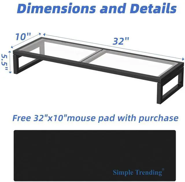 Alt view image 5 of 5 - Simple Trending Dual Monitor Stand Riser, Tempered Glass Computer Desk Organizer with Mouse Pad for Laptop, iMac, TV, Black