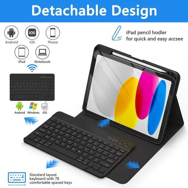 Alt view image 3 of 5 - TaIYanG for iPad A16 11/10th Generation Case with Keyboard- Detachable Bluetooth Keyboard Case with Pencil Holder, Thin & Light- Folio Cover for iPad 11 inch A16 2025 10th Gen 10.9 Inch 2022 (Black)