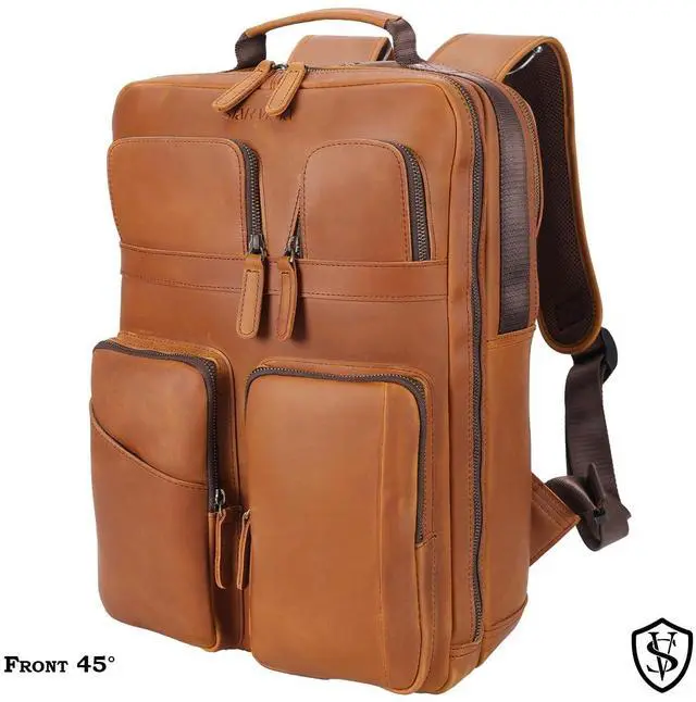 Alt view image 2 of 5 - STAR VISTA Angelo 17.3" Vintage Full Grain Leather Laptop Backpack for Men, Multi Pockets, Casual Outdoor Business Travel Rucksack, YKK Zippers, Light Brown