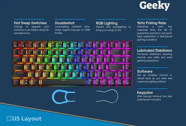 Alt view image 2 of 5 - Geeky GK75 75% | Hot Swappable Mechanical Gaming Keyboard | 84 Keys Multi Color RGB LED Backlit for PC/Mac Gamer | ANSI US American Layout (Black, Mechanical Red)