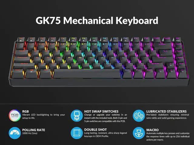 Alt view image 3 of 5 - Geeky GK75 75% | Hot Swappable Mechanical Gaming Keyboard | 84 Keys Multi Color RGB LED Backlit for PC/Mac Gamer | ANSI US American Layout (Black, Mechanical Red)