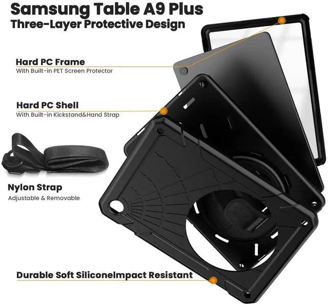 Alt view image 4 of 5 - Stweap Case for Samsung Galaxy Tab A9+ / a9 Plus 11'' 2023 (SM-X210/X216/X218), Shockproof Hard Duty Case with Screen Protector+360 Rotating Hand Strap&Stand+Shoulder Strap for Tab A9+ Tablet, Black