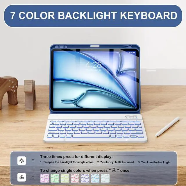 Alt view image 4 of 5 - Soke Keyboard Case for iPad Air 11 inch M3/M2(2025/2024) & Air 5th/4th Generation-7 Color Backlit Detachable Keyboard,Folio Cover with Pencil Holder for iPad Air 11/Air 5/Air 4 Gen, Navy