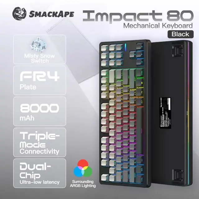 Alt view image 2 of 2 - SMACKAPE Impact 80 Triple-Mode RGB Wireless Mechanical Keyboard with HiFi Typing Sound, Gasket Hot-Swappable 87-Key Wired Gaming Keyboard with QMK/VIA (Black)