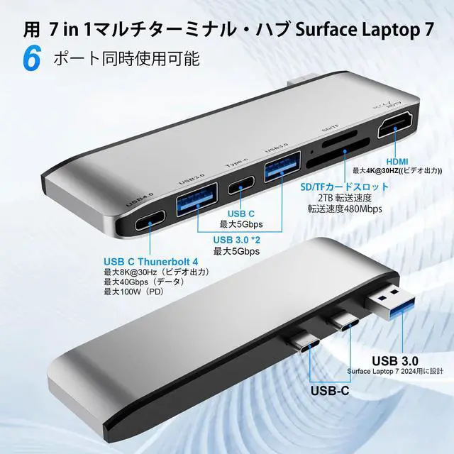Alt view image 2 of 5 - Surface Laptop 7 USB Hub Docking Station, Surface Laptop 7 Adapter with 4K HDMI, USB-C Thunerbolt 4 (8K Display+Data+100W Charging), 2*USB 3.0, USB-C, SD/TF,