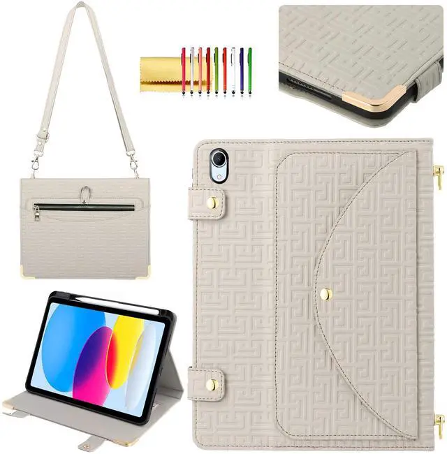 Main image of Handbag Case for iPad A16 2025 11th/10th Gen 2022 Cover with Pencil Holder [4 Card Slots+2 Pockets], Techcircle Unique Pattern Textured PU Leather Folio Stand Case with Shoulder Strap, Off-White