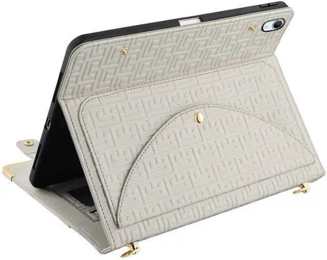 Alt view image 2 of 5 - Handbag Case for iPad A16 2025 11th/10th Gen 2022 Cover with Pencil Holder [4 Card Slots+2 Pockets], Techcircle Unique Pattern Textured PU Leather Folio Stand Case with Shoulder Strap, Off-White