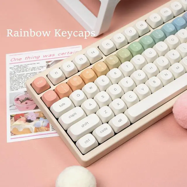 Alt view image 3 of 5 - MOA Profile Keycaps, Rainbow PBT Keycap, Minimalist White Cute Round Keyboard Keycap, Dye-Sublimation Colorful Custom Key Cap for 61/64/68/84/87/100/104/108 Cherry MX Mechanical Keyboards(124 Keys)