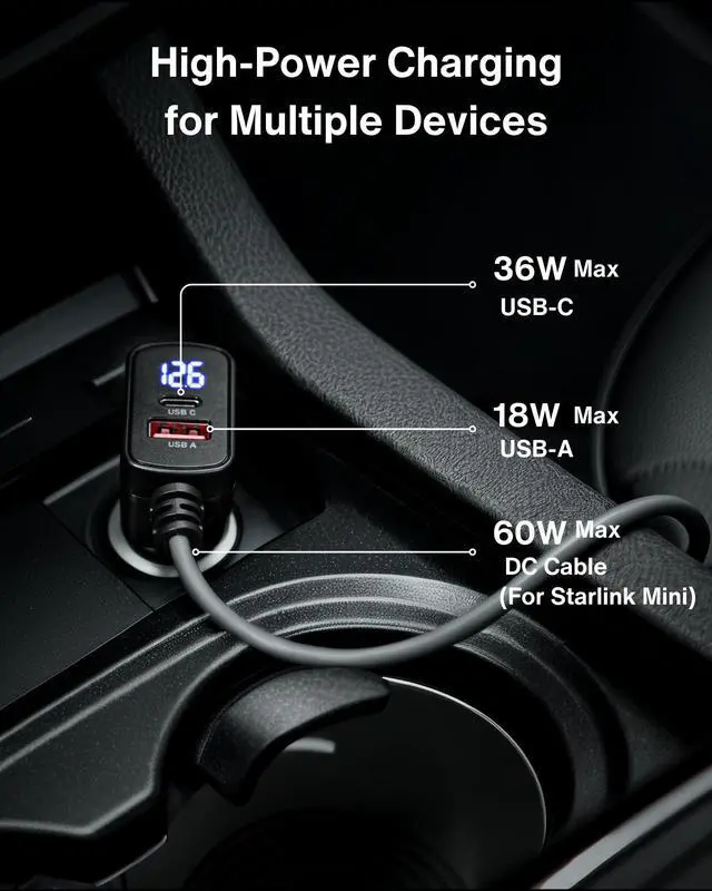 Alt view image 2 of 5 - Car Charger Cable for Starlink Mini 16.5FT with Display - 12-24V Cigarette Lighter to DC Power Cable, 60W DC + 33W Dual USB-C/USB-A Adapter for Trucks, RVs & Boats, 18AWG Cord with Voltage Monitoring