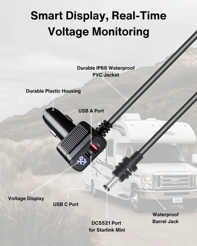 Alt view image 3 of 5 - Car Charger Cable for Starlink Mini 16.5FT with Display - 12-24V Cigarette Lighter to DC Power Cable, 60W DC + 33W Dual USB-C/USB-A Adapter for Trucks, RVs & Boats, 18AWG Cord with Voltage Monitoring