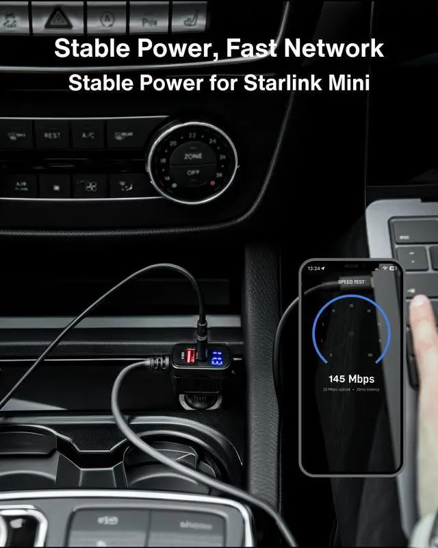 Alt view image 4 of 5 - Car Charger Cable for Starlink Mini 16.5FT with Display - 12-24V Cigarette Lighter to DC Power Cable, 60W DC + 33W Dual USB-C/USB-A Adapter for Trucks, RVs & Boats, 18AWG Cord with Voltage Monitoring
