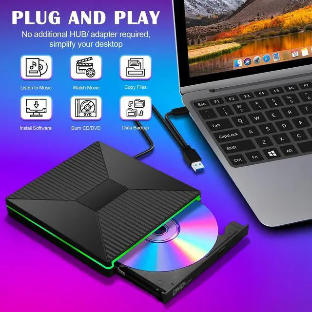 Alt view image 3 of 5 - CD DVD Drive with Ambient Lighting USB C CD/DVD +/-Rw Drive CD ROM Burner Reader Writer with USB/ SD/TF Ports & Audio Out, Optical Disc Drive DVD Player for Laptop PC Mac MacBook Air/Pro Windows 11/10