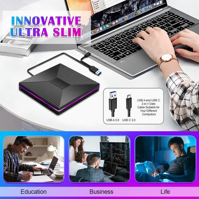 Alt view image 5 of 5 - CD DVD Drive with Ambient Lighting USB C CD/DVD +/-Rw Drive CD ROM Burner Reader Writer with USB/ SD/TF Ports & Audio Out, Optical Disc Drive DVD Player for Laptop PC Mac MacBook Air/Pro Windows 11/10