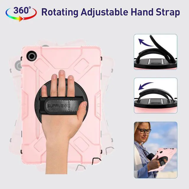 Alt view image 3 of 5 - SUPFIVES Case for Tab A9 Plus with Screen Protector, Upgraded Military Galaxy Tab A9+ 11 inch 2023 Case with Rotating Kickstand+ Hand Strap+ S-Pen Holder+ Shoulder Strap, Pink