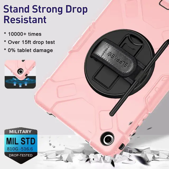 Alt view image 4 of 5 - SUPFIVES Case for Tab A9 Plus with Screen Protector, Upgraded Military Galaxy Tab A9+ 11 inch 2023 Case with Rotating Kickstand+ Hand Strap+ S-Pen Holder+ Shoulder Strap, Pink