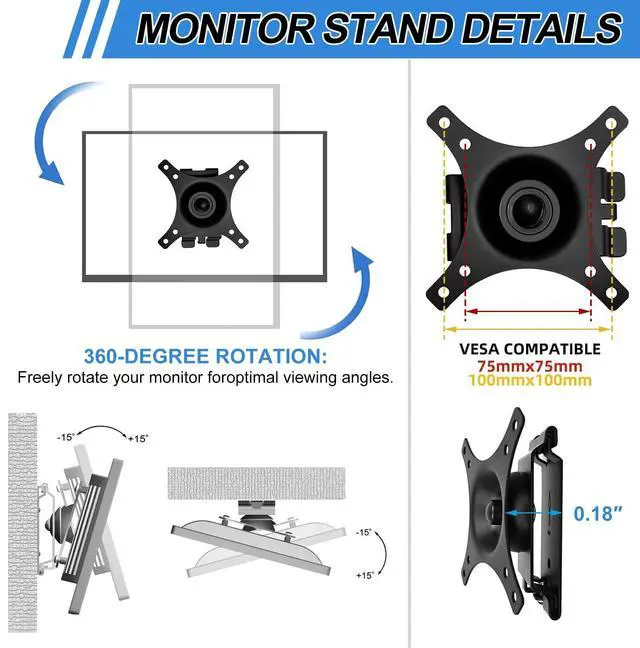Alt view image 3 of 5 - Monitor Wall Mount and Wall PC Mount Kit, Adjustable Monitor Holder Fits for 17"-32" Screens - 360 Rotation VESA Wall Mount, Width Adjustable from 5.2" to 8.5" for Computer Tower Mount Home Office
