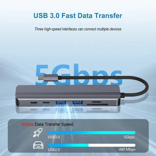 Alt view image 3 of 5 - 7-in-1 USB-C Hub with 4K/60Hz HDMI, 100W PD Charging, 5Gbps Dual USB-A/USB-C Ports, SD/TF Card Reader, Aluminum USB-C Adapter for MacBook Pro/Air and Other Type-C Devices