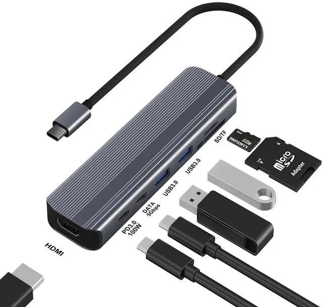 Alt view image 2 of 5 - 7-in-1 USB-C Hub with 4K/60Hz HDMI, 100W PD Charging, 5Gbps Dual USB-A/USB-C Ports, SD/TF Card Reader, Aluminum USB-C Adapter for MacBook Pro/Air and Other Type-C Devices