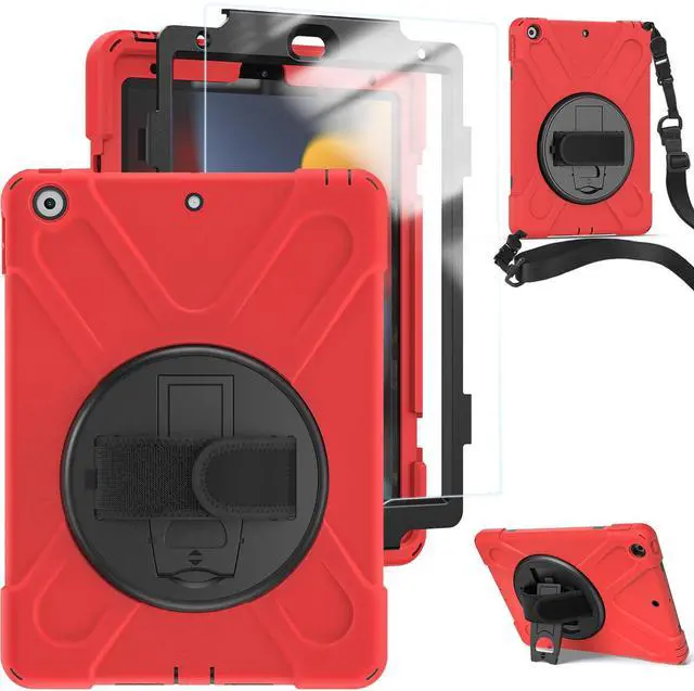 Main image of TSQ Case for iPad 10.2 Inch w/Screen Protector for Kids Girls Women Teens 2021 2020 2019 | Case Compatible with iPad 9th/8th/7th Generation Silicone Rugged Cover w/Swivel Stand/Hand Strap, Red