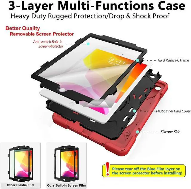 Alt view image 3 of 5 - TSQ Case for iPad 10.2 Inch w/Screen Protector for Kids Girls Women Teens 2021 2020 2019 | Case Compatible with iPad 9th/8th/7th Generation Silicone Rugged Cover w/Swivel Stand/Hand Strap, Red