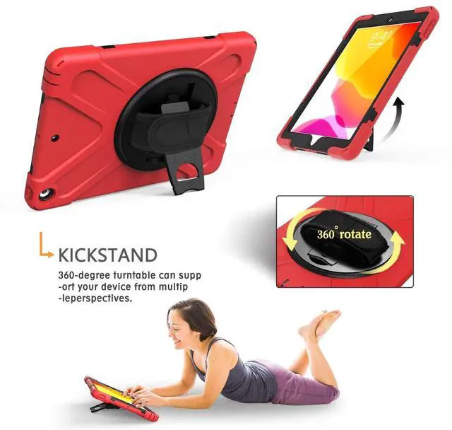 Alt view image 4 of 5 - TSQ Case for iPad 10.2 Inch w/Screen Protector for Kids Girls Women Teens 2021 2020 2019 | Case Compatible with iPad 9th/8th/7th Generation Silicone Rugged Cover w/Swivel Stand/Hand Strap, Red