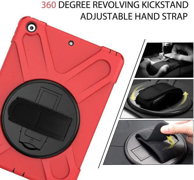 Alt view image 5 of 5 - TSQ Case for iPad 10.2 Inch w/Screen Protector for Kids Girls Women Teens 2021 2020 2019 | Case Compatible with iPad 9th/8th/7th Generation Silicone Rugged Cover w/Swivel Stand/Hand Strap, Red