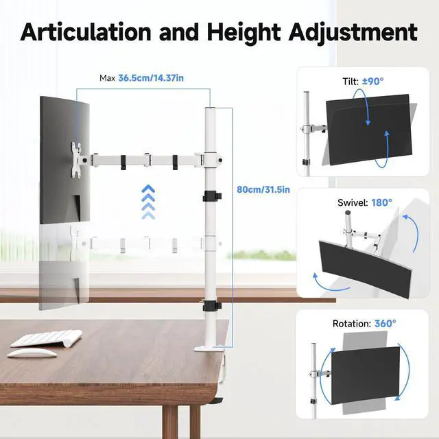 Alt view image 2 of 5 - Suptek Single Monitor Arm Desk Mount Fully Adjustable Monitor Stand for 1 / One Screen up to 32 inch Extra Tall 31.5 inch Pole,White (MD6821W)