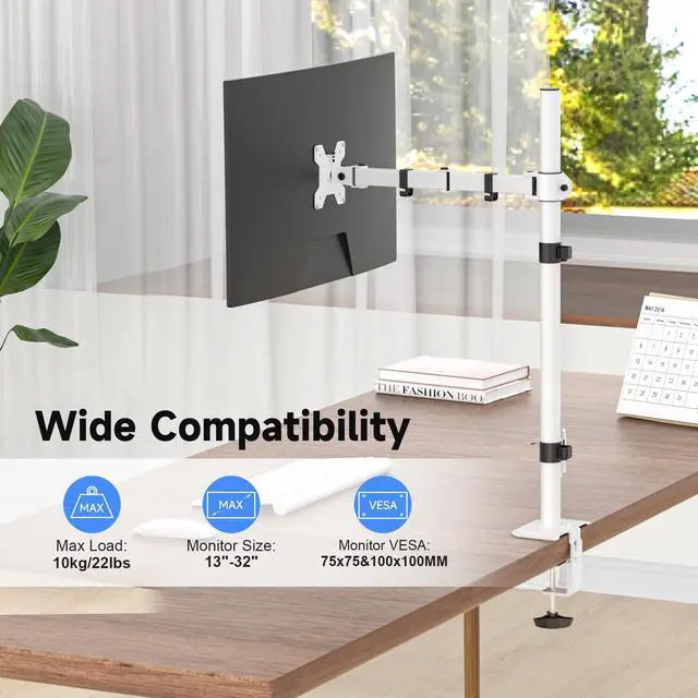 Alt view image 3 of 5 - Suptek Single Monitor Arm Desk Mount Fully Adjustable Monitor Stand for 1 / One Screen up to 32 inch Extra Tall 31.5 inch Pole,White (MD6821W)