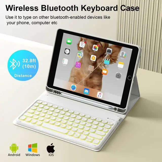 Alt view image 3 of 5 - SZPSGC Case for iPad 9th/8th/7th Generation with Keyboard 10.2 Inch 2021/2020/2019, 7 Colors Backlit Detachable Keyboard, Soft TPU Back Folio Stand Cover with Pencil Slots, White