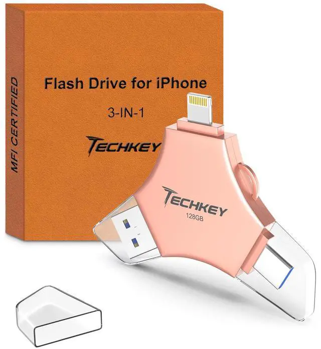Main image of MFi Certified USB 3.0 Flash Drive 128GB for iPhone 3in1 External Memory Photo Keeper Storage Stick for Picture/Video/Data Saver/Backup High Speed Thumb/Jump/Hard Drives for iPad/Android/PC (Rose Pink)