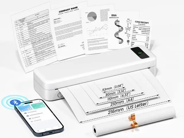 Alt view image 2 of 5 - TATTMUSE Bluetooth Inkless Thermal Printer White & 100 Sheets 8.5" x 11" US Letter Thermal Paper, Compatible with iPhone Android Laptop for Home Car Office