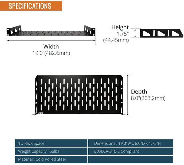 Alt view image 2 of 5 - Tecmojo 1U Rack Shelf,19 inch Rack Shelf 8 inch Depth,Rack Mount Shelf with Anti-Slip Stops,Server Rack Shelf and Network Shelf for 19 in Equipments, 55lbs Capacity of Vented 1U Shelf,Black,No Lip